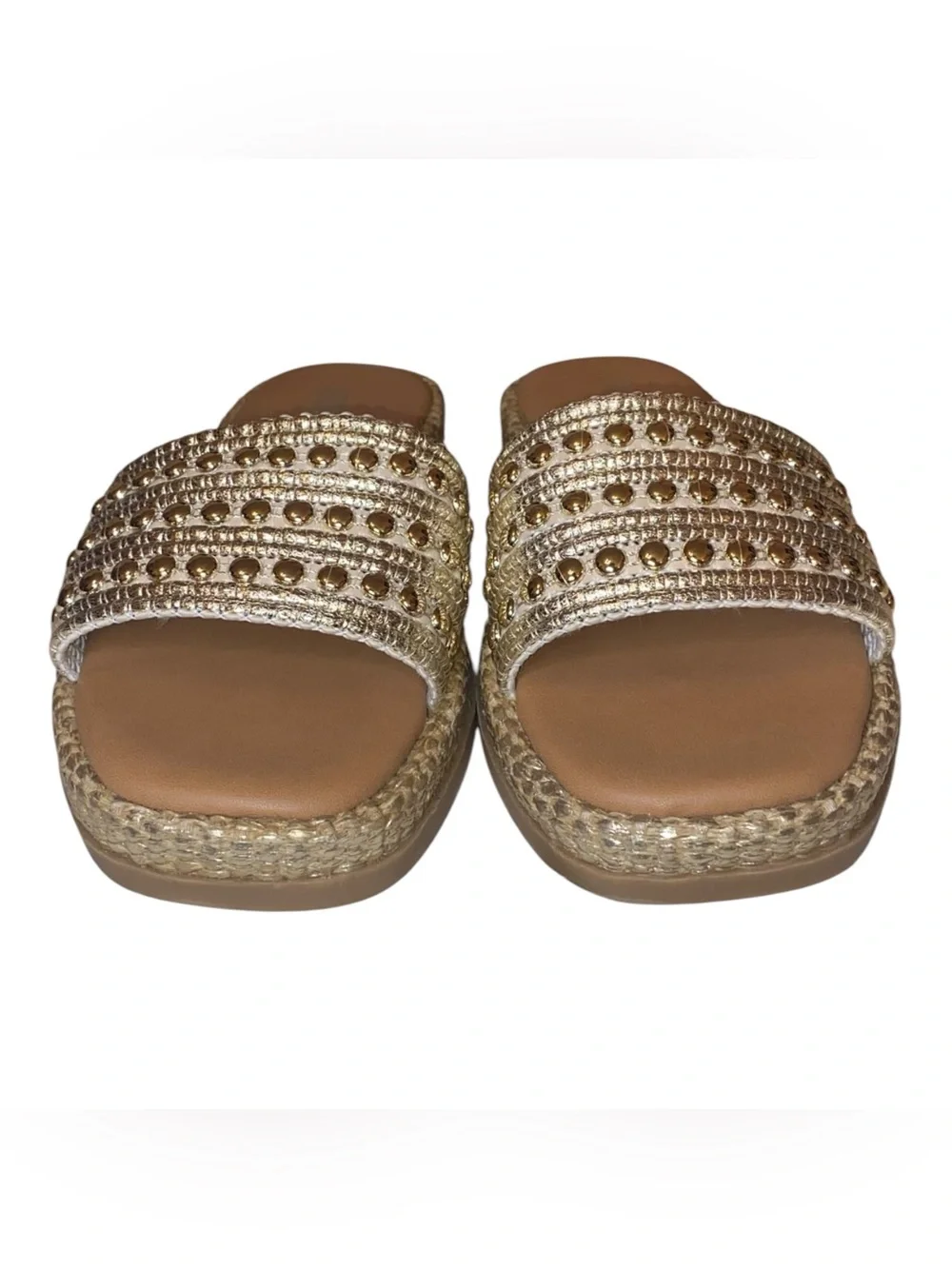 STEVE MADDEN Boardwalk Espadrille Style Sandal Slide Metallic Gold/Tan Size 8M